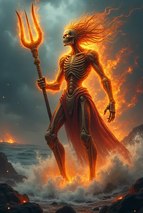 A hybrid entity combining the features of an aquatic warrior and a fiery ghostly rider. The figure has a humanoid skeletal frame engulfed in flames, with scales glimmering like golden armor on its torso. Its head is a blend of a flaming skull and oceanic f...