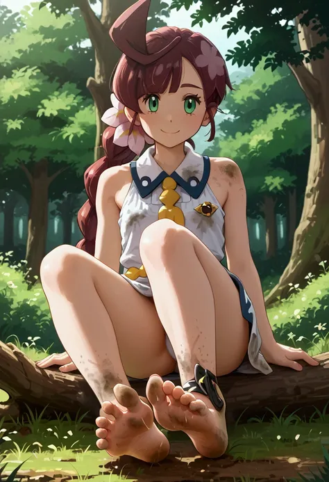 Masterpiece, Best Quality, high resolution, vegetation and trees in the background, A girl, alone, long hair, exhausted look, sitting on a fallen tree , smiling, chloe cerise (pokemon), bare shoulders, bare legs stretched and apart, foot focus, foot fethis...