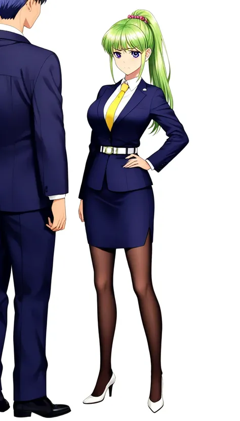 Misuke Iijima、。OL,woman、 green hair、 long hair、 ponytail、 sad face、 full body style that reflects your whole body、 normal breasts、 narrow waist 、Bare legs、Standing beautifully、 in a suit、 navy blue jacket ,襟付き shirt, shirt, yellow tie ,belt,,  Navy Blue Pe...