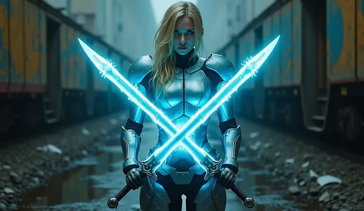 In a hyperrealistic cinematic scene, the blonde cyborg warrior stands tall in the ruins of an abandoned underground station, captured in a medium shot. Her high-tech armor pulses with glowing energy conduits, the electric blue currents coursing through its...