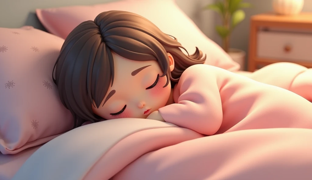  a sleeping  girlfriend, Cover with blankets, mother lying next to ,  cartoon style, chibi 3d