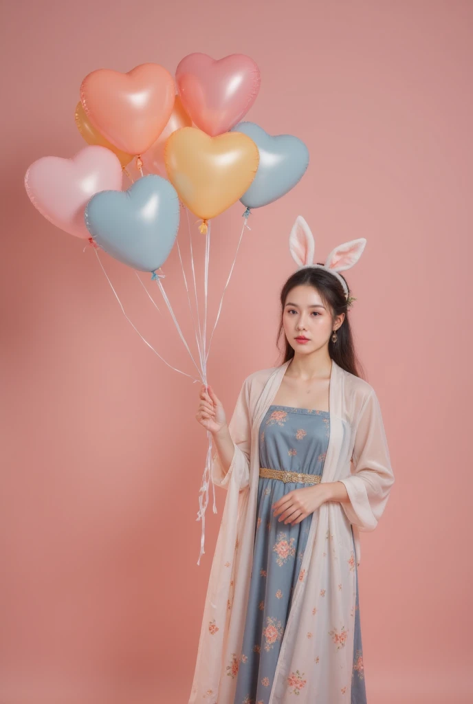 a lovely woman, A cute woman with rabbit ears holding colorful heart-shaped balloons , floating, Vector Art,   bright colors  ,   is the best quality, 4K, 8K,   high resolution , masterpiece, very good,  actual , photo actual , HDR,   Ultra HD,   Studio Li...