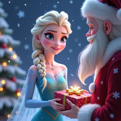 Elsa,  cartoon heroine  "Frozen " , receives a gift from Santa, illustration,  high detail , 8 k