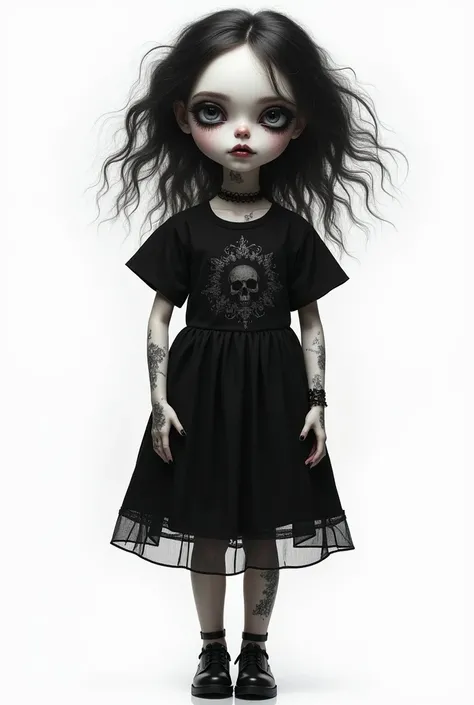 Surreal gothic dark doll, full body, NICOLETTA CECCOLI style, horrorcore, white background, tshirt style