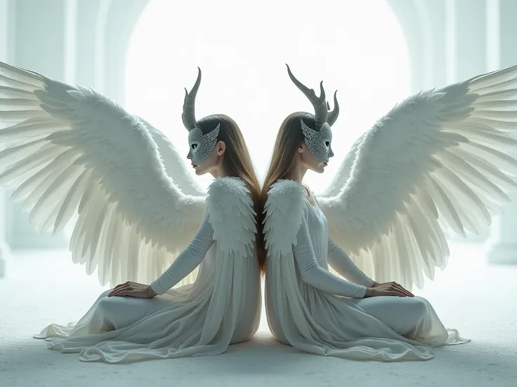  A pure white world with nothing 、Angels and Demons、 sitting back to back 、 angels have devil masks 、 demons have angel masks、Wings on your back、Lots of white feathers and black feathers all around、Light and Shadow