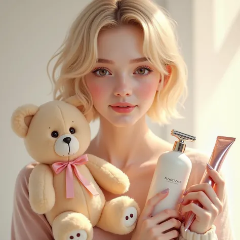 Beautiful short blonde woman holding a bear holding a VIO shaver and 、 lotion shiny