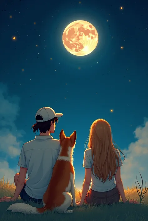 A man with long hair tied his hair, wearing a cap, sits smiling, facing his back, a long-haired woman sitting smiling with her back turned. a short-haired brown and white short-haired dog, sitting once facing the moon, stars.,
