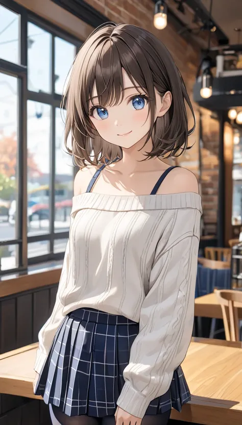 cowboy shot、masterpiece,  high image quality, Thin legs、Beautiful 18 year old、 girl, Brown Hair,  medium hair,  casual, White (( off shoulder sweaters)),  Navy Blue Plaid Pleated Mini Skirt, (navy blue pantyhose ),  small breasts， blue eyes,  smiling gentl...