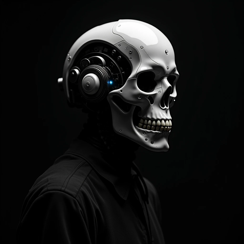 photo of robotic helmet, skull, in dark photo studio, prime 70mm ARRI lens