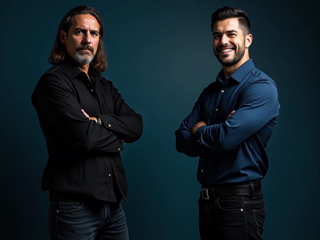  The man on the left , } with long hair and with goatee and mustache , wears a black jacket ,  a black blouse underneath ,  black jeans and black boots .  He is with his arms crossed ,  looking forward with an intense expression ,  demonstrating a firm and...