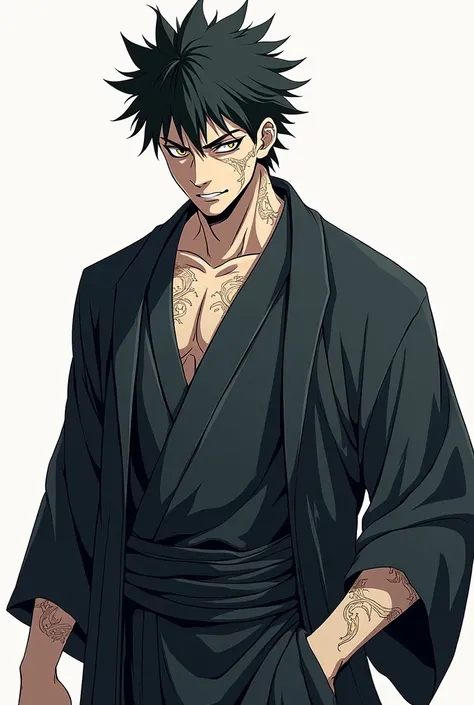 In anime style,"To design a character like Sukuna from Jujutsu Kaisen, focus on a strong, intimidating appearance. The character should have a muscular build, with defined features and sharp, menacing eyes. His skin tone could be pale, with intricate marki...