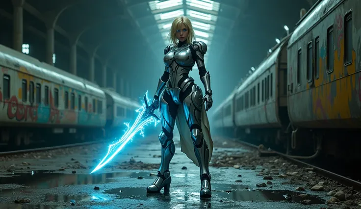 In a hyperrealistic cinematic scene, the blonde cyborg warrior stands tall in the ruins of an abandoned underground station, captured in a medium shot. She holds a single massive sword with both hands, its blade a fusion of metal and energy, glowing with e...