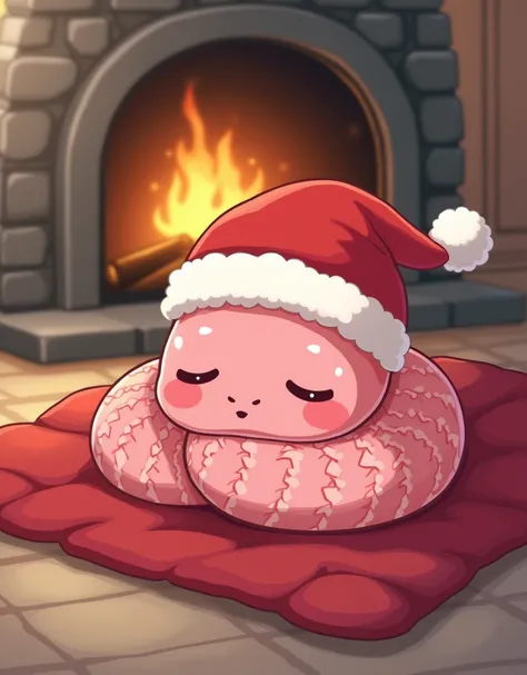 Cute cartoon japanese kawaii Pink snake, Sticker style, wear red santa hat, , Emerging from the roof chimney ,Sleep under a red blanket ,นอนหลับหน้ากองไฟ , Sleep pose