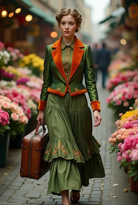 A young European woman from the early 20th century, dressed in a moss green brocade jacket with deep orange velvet details on the lapels and cuffs. The jacket is paired with a full, layered moss green silk skirt, adorned with intricate orange embroidery. S...