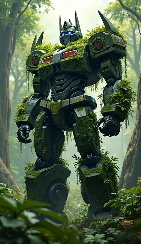 March: "A Transformer, covered in green foliage and vines, emerging from a dense jungle, blending into the natural environment."
