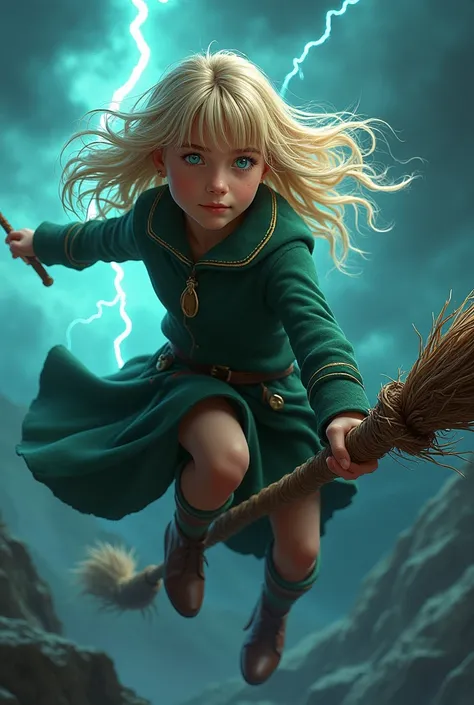 Create a detailed 2D book cover ,  of a gagota with ultra light blonde hair ,  wavy and long , fringe, Aqua green eyes,  tanned skin ,  wear the Hogwarts uniform from the Gryffindor house , Hes holding a wand while flying on a broom and theres lightning on...