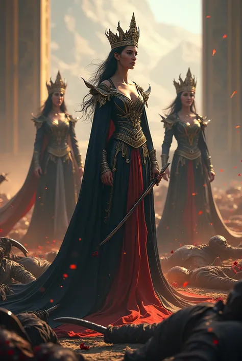 very detailed, Hight resolution, realistic, A very beautiful woman queen, Ninja s were scattered everywhere covered in blood, 2 female guarding the queen, a very large royal palace, 2 female guards stood firmly on the right and left side of the queen, 2 fe...