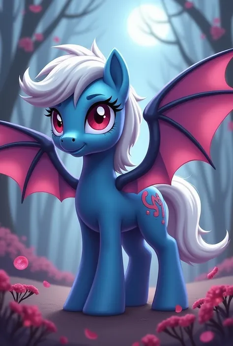 
Pony pony in my little pony style blue pony with red eyes and white disheveled hair wings blue and like a bat