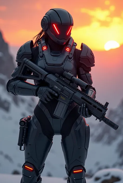 Femal. large breast. Black X-01 power armor (Fallout). Advance helmet. Glowing red lights. Holding a laser rifle. Tundra mountains. Sunset. 