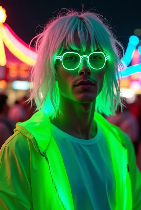 
handsome guy with straight white disheveled hair and bangs, neon hair ends, green hair tips, green glasses glow ,  white t-shirt and neon green jacket glows, , stands next to the circus ,  detailed background, masterpiece,  high quality , portrait,  green...