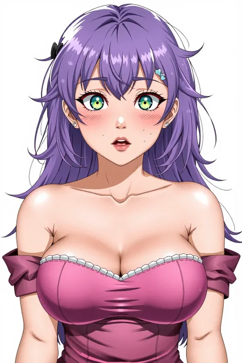 (masterpiece, highres, high resolution:1.2), anime 20 yo girl, portrait, shoulders up, illustration. drawn, violet hair woman, green eyes, blushing, solo, surprised, freckles, big lips, huge breasts, perfect body, wearing a tube top, no hands.