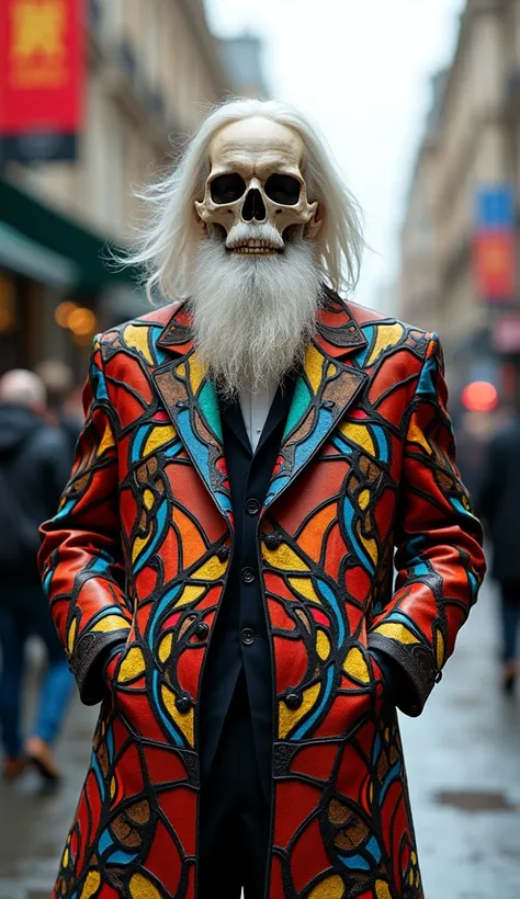 male, skeleton face, white hair and white beard, wearing A bold, oversized jacket featuring a vivid stained-glass mosaic pattern. The design includes vibrant colors like red, blue, yellow, green, and orange, outlined with black to resemble a real stained-g...