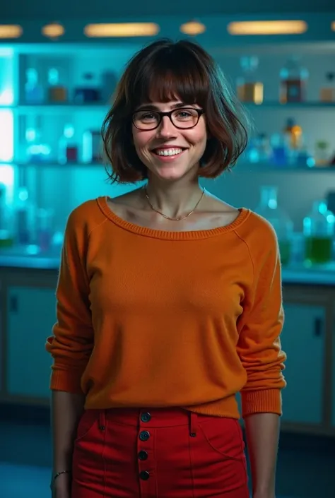 Linda Cardellini as Velma Dinkley, wearing orange sweater, red mini skirt, freckles, brown bob hair, cinematic, medium boobs kind of chubby, very cinematic, chemestry lab blue dramatic light out of focus as the background, live action realistic.