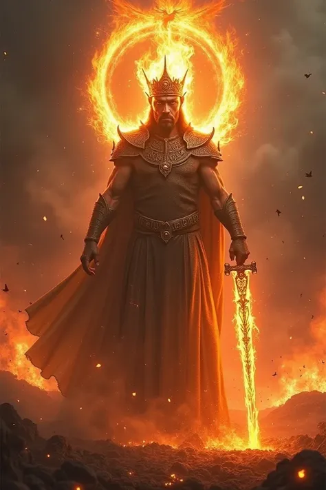 WAR PROPHET wearing flaming crown WITH LETTERS FIRE WITH A FLAMING SWORD