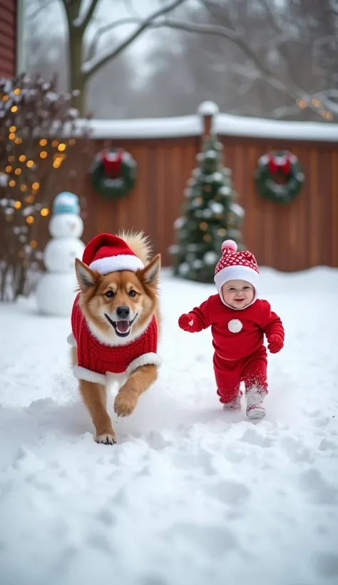 A joyful winter scene featuring a dog dressed in festive Christmas attire, including a red sweater with white trim and a Santa hat, playfully running through a snow-covered backyard. The dog is chasing a one-year-old baby wearing an adorable Christmas-them...