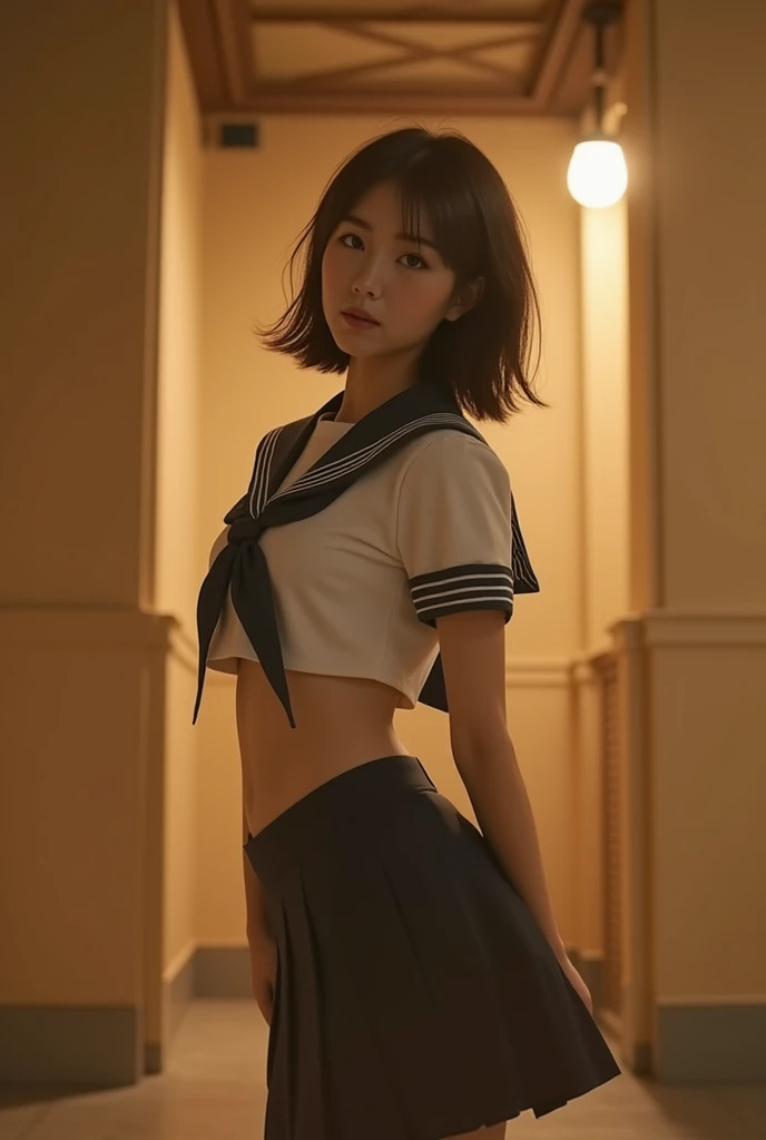  perfect configuration on board  , Proper placement, Golden Ratio,   goddess shot,   Beautiful Japanese Women   ,   brown hair,   wave hair :1.21,   Brown Eyes   :1.21,  Traditional sailor uniform at a prestigious high school in Tokyo  の体型,   perfect beaut...