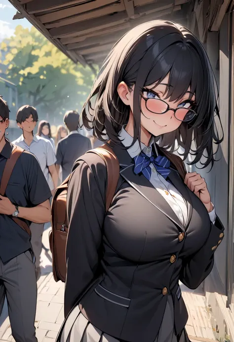 (  Masterpiece  ,   top quality:1.2), 1 girl, Alone,  expressive eyes, Glasses, Walk with a student bag on your shoulder,  Female College Student,  Short Black Hair , Big tits uniform, smile, from beside