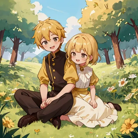 Boy sitting on a hill outdoors next to a girl with short golden hair and a gold-colored dress standing embracing him they are both happy smiling and the perspective is frontal
