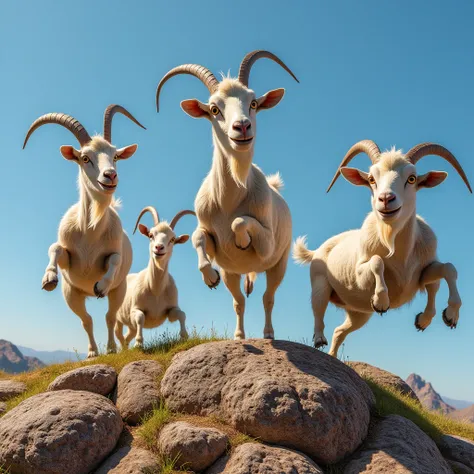  A group of completely deranged goats jump on a mountain ,  with absurdly long tongues hanging down to the ground .  Their exorbitant eyes and ridiculous poses create a chaotic scene , as they spin ,  jump and even one seems to dance in the air under a cle...