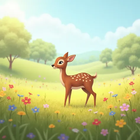 A gentle deer standing in a sunlit meadow, munching on grass. The deer has smooth brown fur, white spots on its back, and large, curious eyes. Flowers of various colors dot the meadow, and a clear blue sky stretches overhead