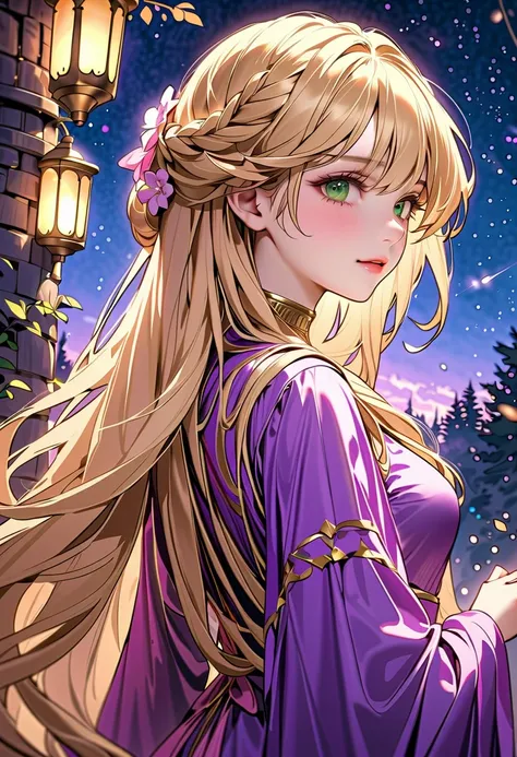 (Purple Themeアート),(Highest quality),(masterpiece),(1. 塔の上のRapunzel),(alone),Delicately painted face,Girl with a beautiful face,Beautifully detailed, Clear green eyes,(Purple and pink fashion with beautiful details),Looking out from the top of the tower,Bea...