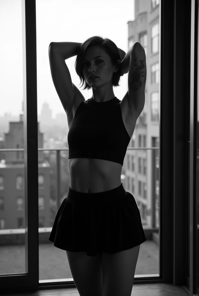 black and white portrait photography, Vogue photoshoot, deep shadows, low light ,full body shot of a European supermodel with tattoos, short hair, wearing a crop top and short skirt, posing with her arms up, hairy armpits, New york fashion, standing on a t...