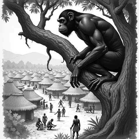 Create an illustration for this in an old black and white drawing style: 
Tarzan Observing the Village
Illustrate Tarzan of the Apes crouching on a lofty perch, hidden by thick foliage and giant creepers in a jungle tree. His muscular, brown body blends in...