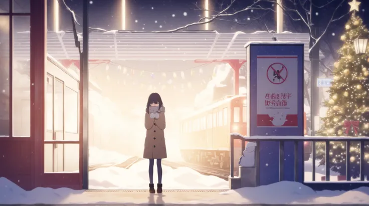 An anime-style illustration of a young woman standing alone at a train station on a snowy Christmas night. She has shoulder-length dark hair and is wearing a warm coat, a knitted scarf, and mittens, yet she looks visibly cold as she shivers and clutches he...