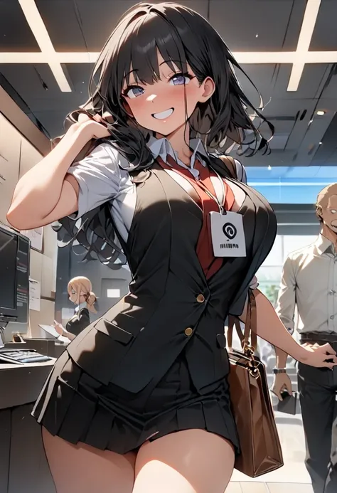 (  Masterpiece  ,   top quality:1.2), 1 girl, Alone,  expressive eyes, Walking with a handbag, (((Receptionist))),  Short Black Hair , Big Breasts, One Piece Uniform, (((companion))), smile, (from beside), (((cowboy shot)))