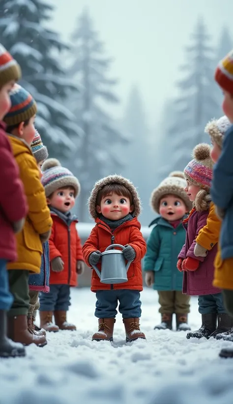 Create a Disney Pixar style medium shot of a group of s bundled in colorful winter clothes laughing at the boy in the garden. The boy, centered in the frame, is holding a watering can with a determined look. The point of view is at eye level, emphasizing t...