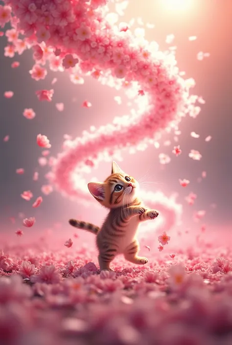 Cherry Petal Tornado  、  The worlds cutest kitten with a brown tiger pattern dancing in the center of the tornado、((realistic:1.3))、Torrente de Luz 、 falling petals 