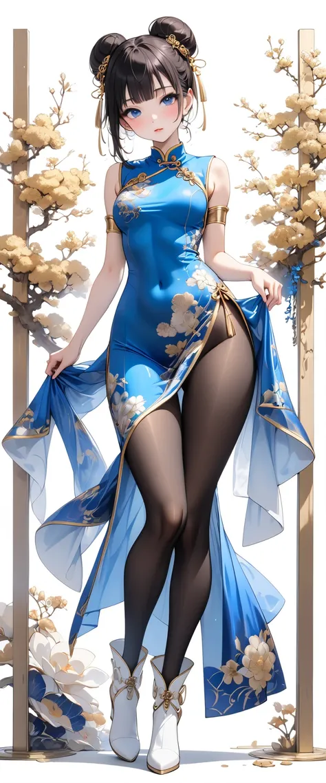 (Anime style face), ((( blue china dress has a large slit、 The border of the costume is gold 、Too much thigh exposure、WHITE AND GOLD ARM COVERS 、white knee high boots 、 black pantyhose ))), ,  top quality,  top quality, 16k,  very detailed, 2.5D, AI-genera...