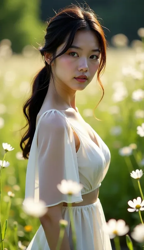 A japanese beauty woman with jet black hair walks through a dense field of wildflowers. A sheer white dress that flows and reveals some of her large breasts. Light pink cheeks that make her cheeks stand out. A thin layer of glossy lipstick on her full lips...