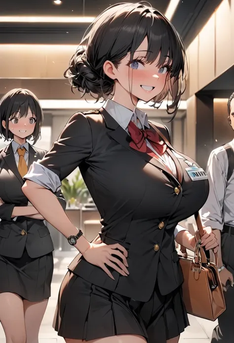 (  Masterpiece  ,   top quality:1.2), 1 girl, Alone,  expressive eyes, Walking with a handbag, (((uniformed receptionist))),  Short Black Hair , Big Breasts, One Piece Uniform, (((companion))), smile, (from beside), (((cowboy shot)))