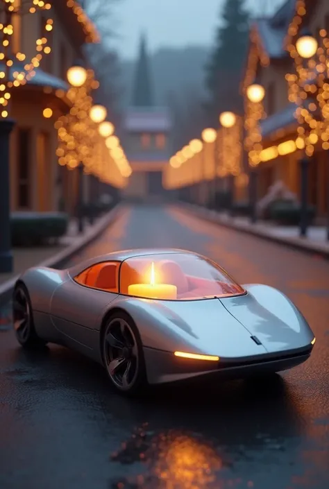  A lantern in the shape of a modern car with a burning candle and a blurred road in the background with Christmas lights in houses and trees
