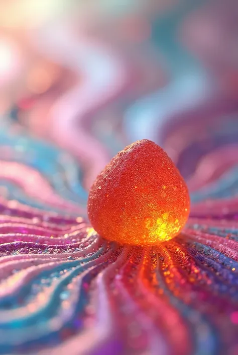 A close-up of a gummy dissolving into swirling colorful lines, symbolizing the fusion of science and nature for feminine health