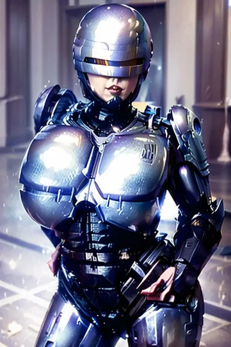 (    top quality ), (Overall view)   Huagai with a cool and charming face  ,RoboCop Armor      , Robocop helmet ,        beautiful and sexy young woman , 18 years old,        Toned and Muscular      ,  Cool and charming    ,    sharp eye, Big Breasts