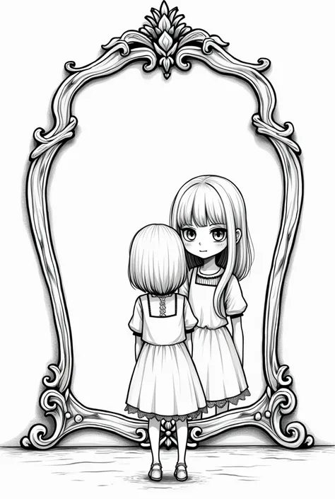 Gothic girl standing in front of an ornate mirror 、 Her mirror shows a mysterious cute girl smiling。 a clean, simple line drawing 。 As a coloring book、Simple Line、 no grayscale 、 without shading、 cute、Simple lines, standing in the shadows with a clear line...