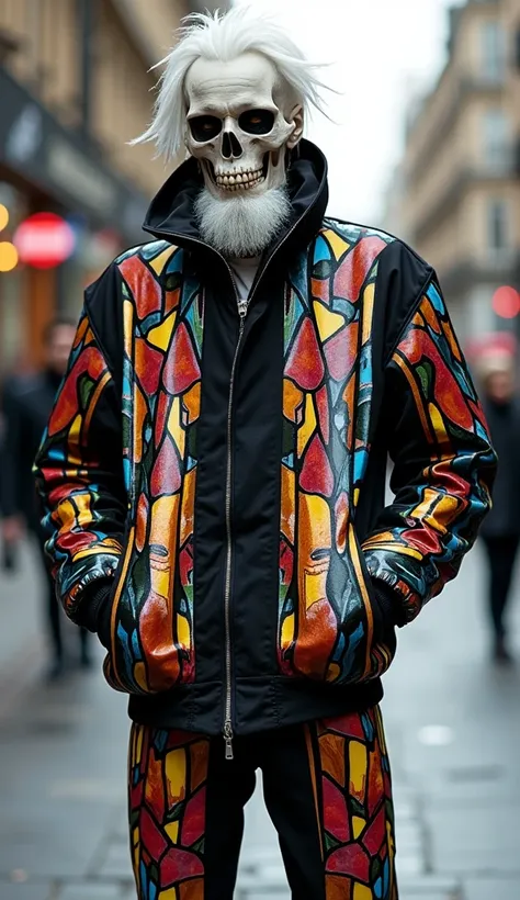 male, skeleton face, white hair and white beard, wearing A bold, oversized jacket featuring a vivid stained-glass mosaic pattern. The design includes vibrant colors like red, blue, yellow, green, and orange, outlined with black to resemble a real stained-g...