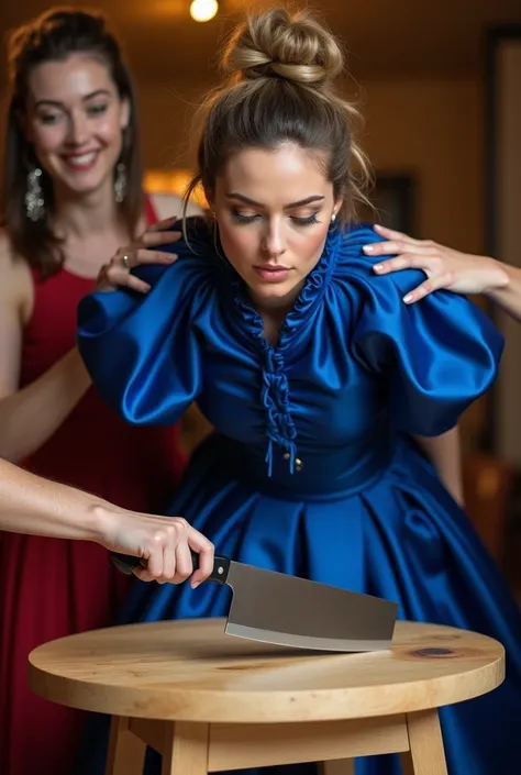 (realistic photograph sideways close up, seen from below), (a happy willingly bend over beautiful Caucasian lady with (messy hair bun) and wearing (big shiny cobalt glamorous silk dress with (long gigantic puff sleeves), (and with an ultra high tight stand...